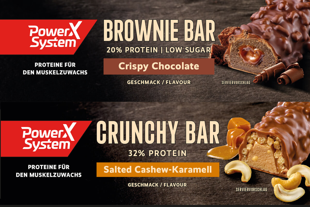 Zwei Bilder von zwei Brownie Bar Verpackungen: Brownie Bar Crispy Chocolate und Crunchy Bar Saltet Cashew-Karamell.
