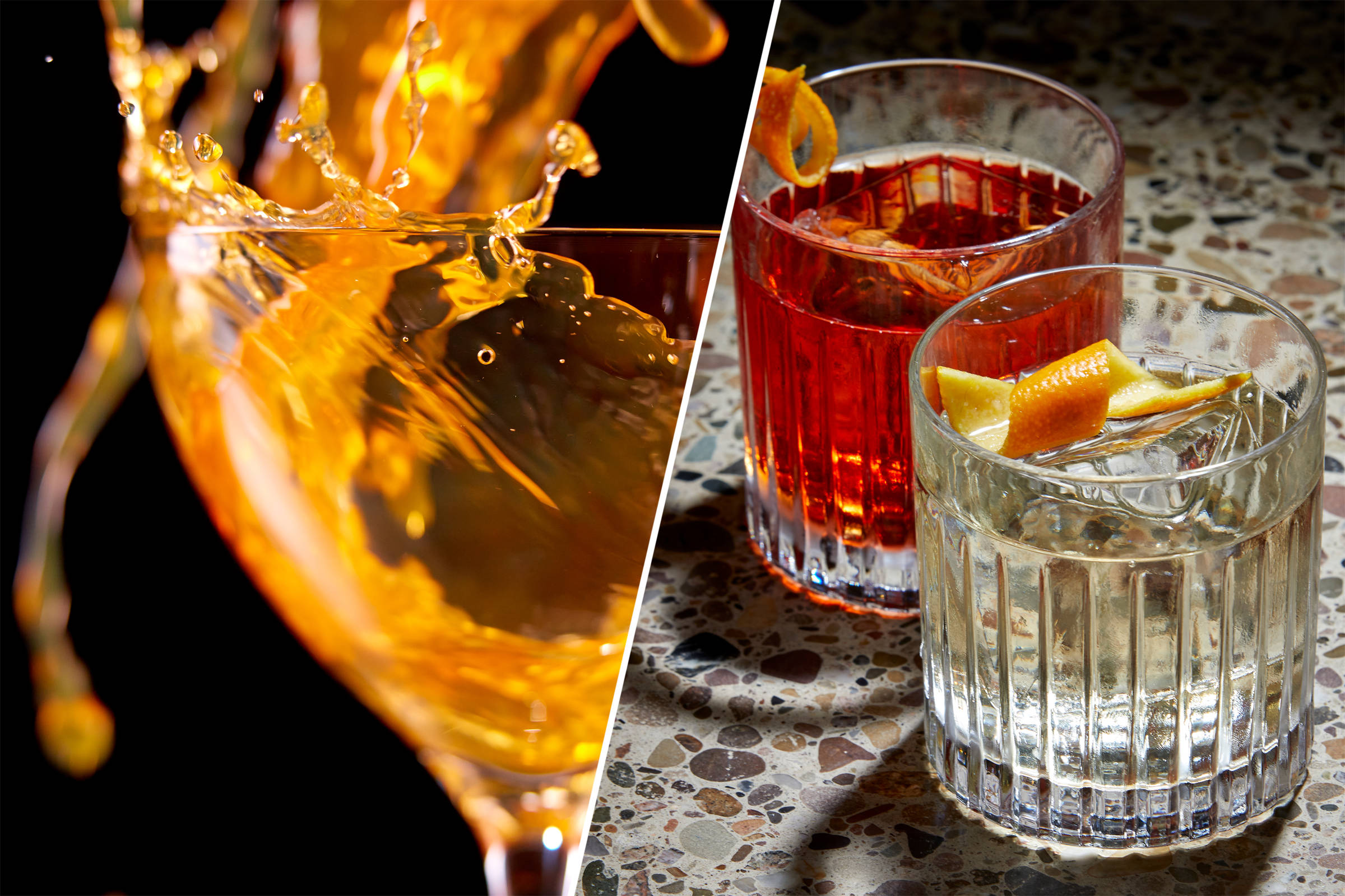 Kochbuch: Zwei Bilder - links ein Glas in Nahsufnahme mit schwappendem Getränk, rechts zwei Gläser mit Drinks.