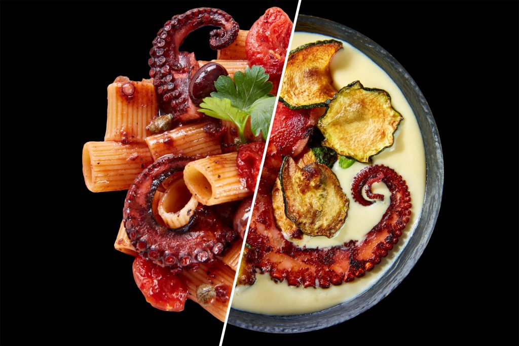 Kochbuch: Meeresfrüchte/ Octopus auf schwarzem Grund - links mit Pasta, Oliven ,Tomate, rechts mit Zucchiniin in Bechamelsauce. Durch eine weiße Diagonale getrennt.