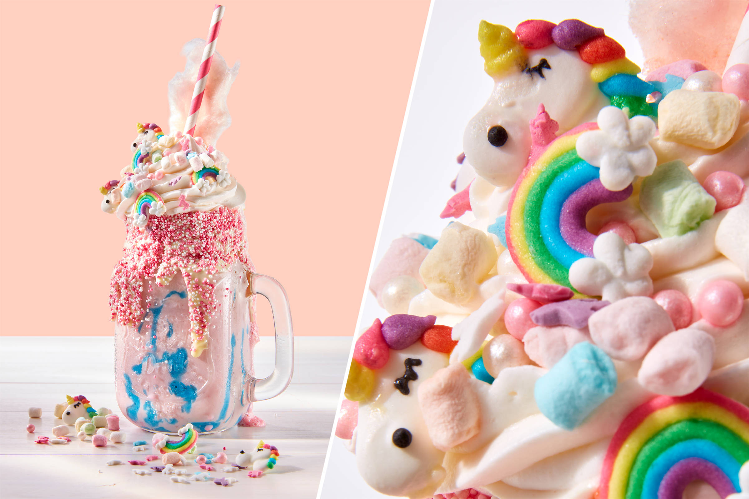 Shake mit viel Zuckerverzierung, Regenbogen und Einhörnern. Daneben eine Nahaufnahme vom Shake.