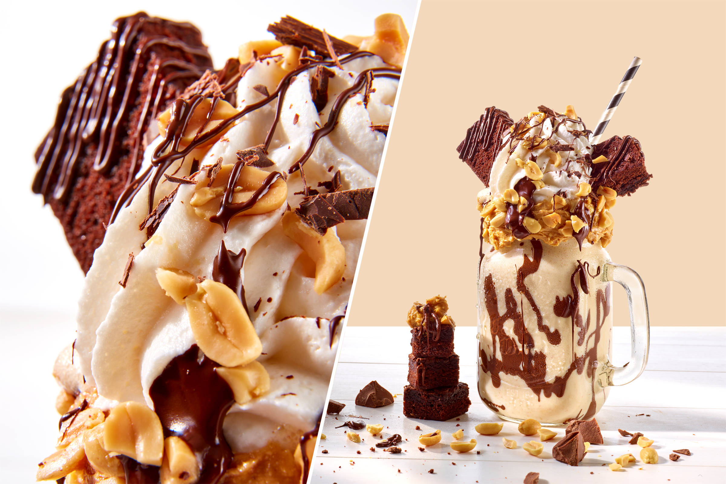 Shake mit viel Schokoverzierung, Peanuts und Karamell. Daneben eine Nahaufname.