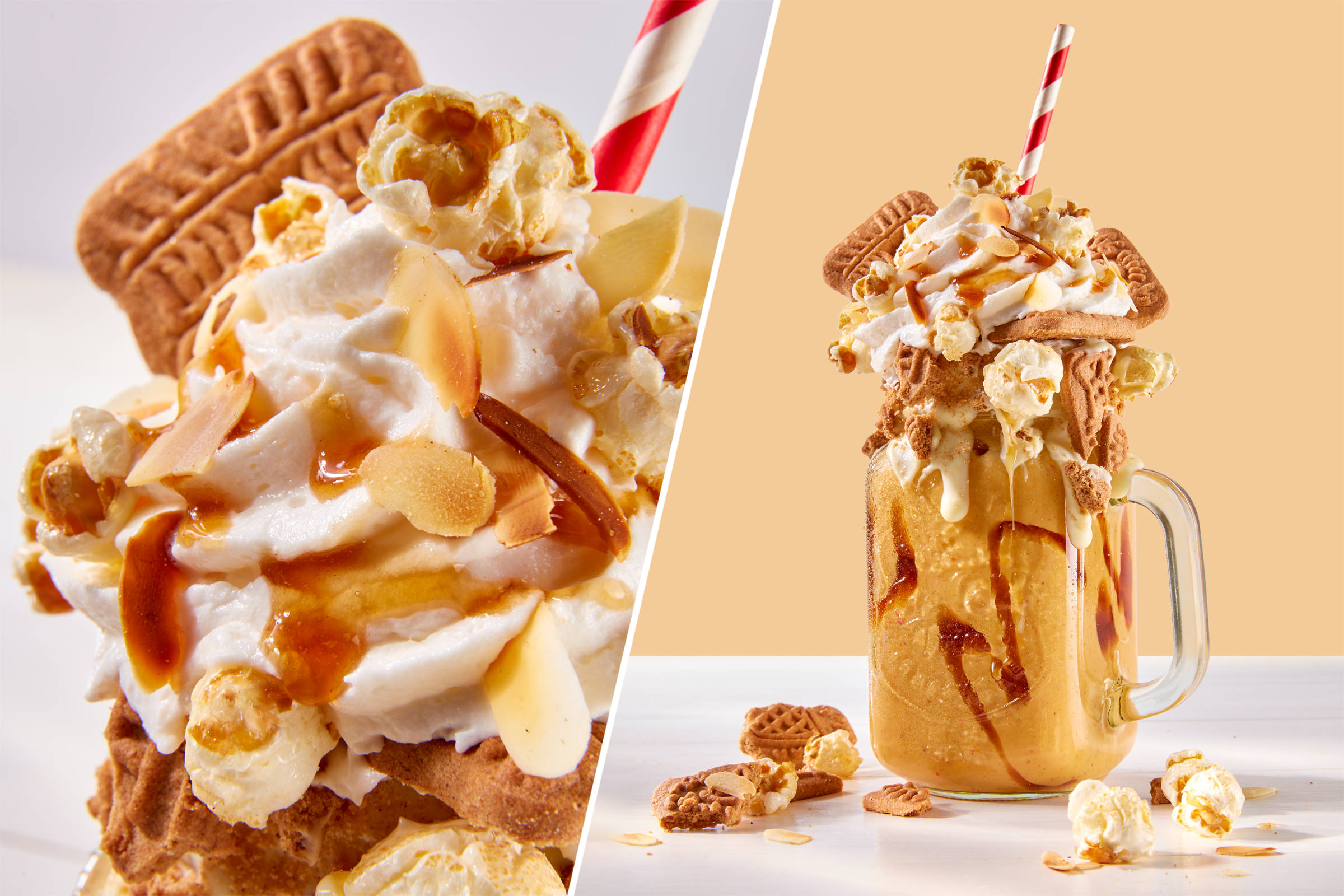 Shake mit viel Verzierung (Keks, Mandeln, Karamell, Popcorn) auf weißem Grund. Daneben eine Nahaufnahme.