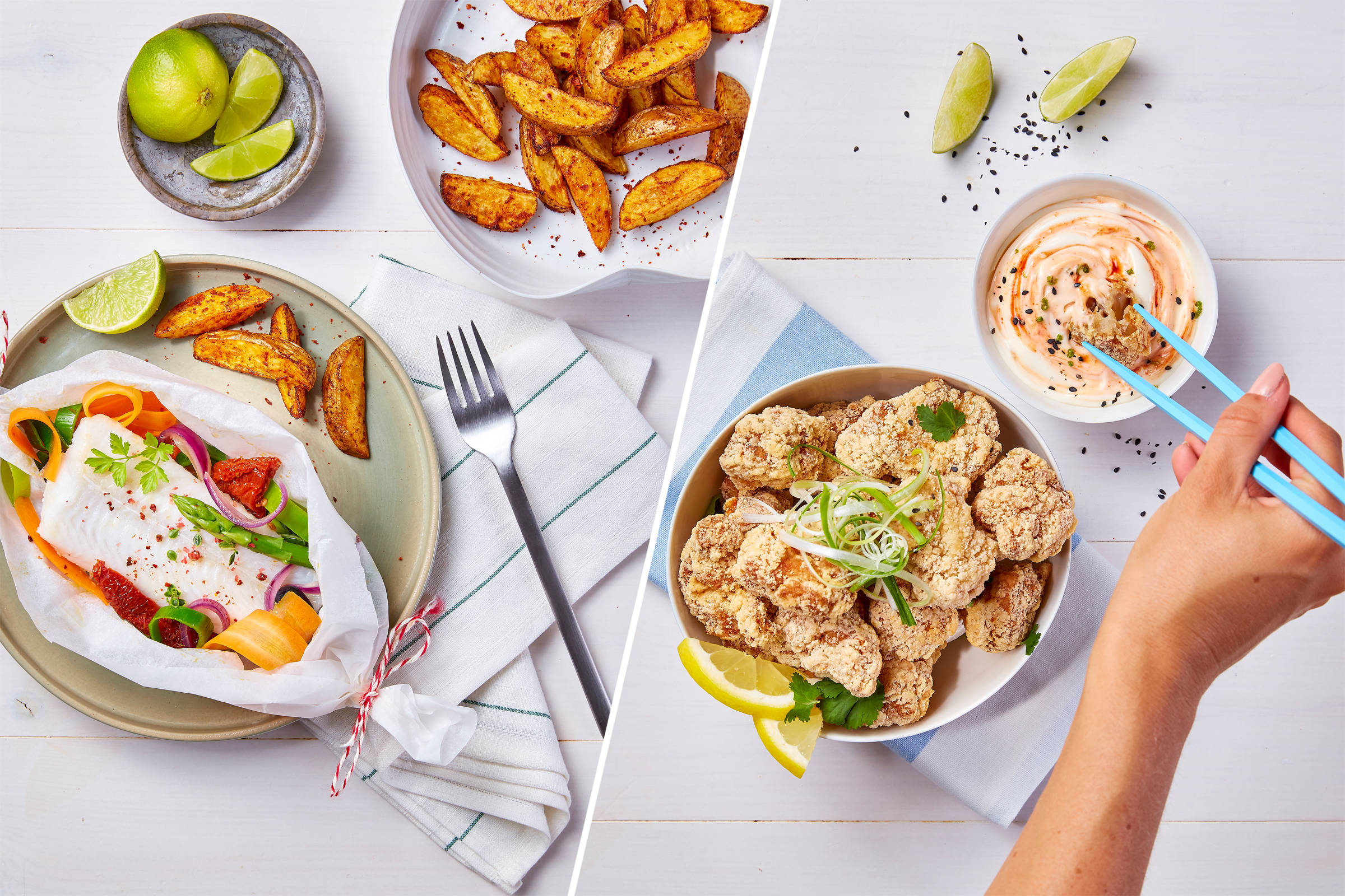 Paulsen, zwei Fotos nebeneinander durch eine weße Diagonale getrennt: links ein Teller mit einem frisch gegarten Fischfilet und weißem Beutel mit grünem Spargel, Karottenscheiben, grünem Spargel und frischem Koriander. Daneben gebackene Kartoffelschnitze. Rechts hält eine Frauenhand blaue Esstäbchen, mit denen sie ein Dumpling in eine weiße Schüssel mit weißer Soße tunkt. Daneben ein zweiter Teller mit ?.