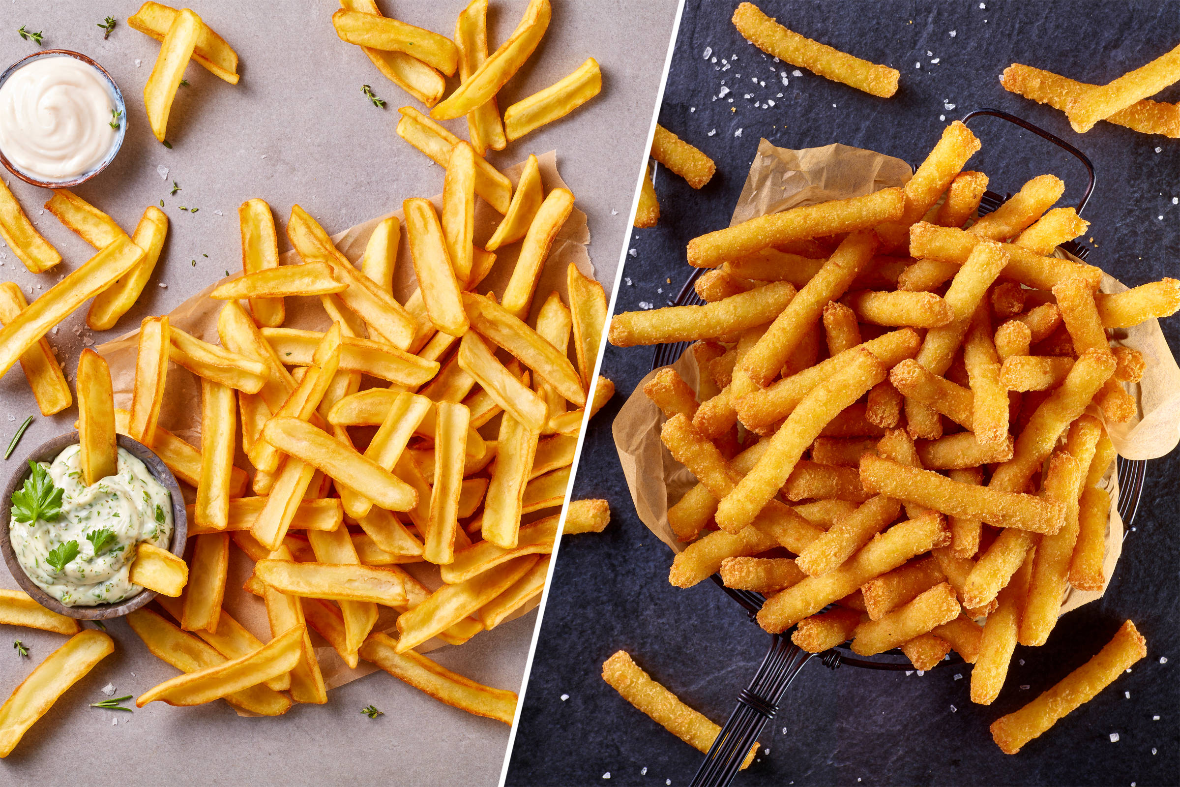 Zwei Bilder: Links Pommes Frites auf hellem Untergrund mit einer Schale mit Dip und einer Schale mit Majo. Rechts runde Pommes Frites auf schwarzem Schiefer.