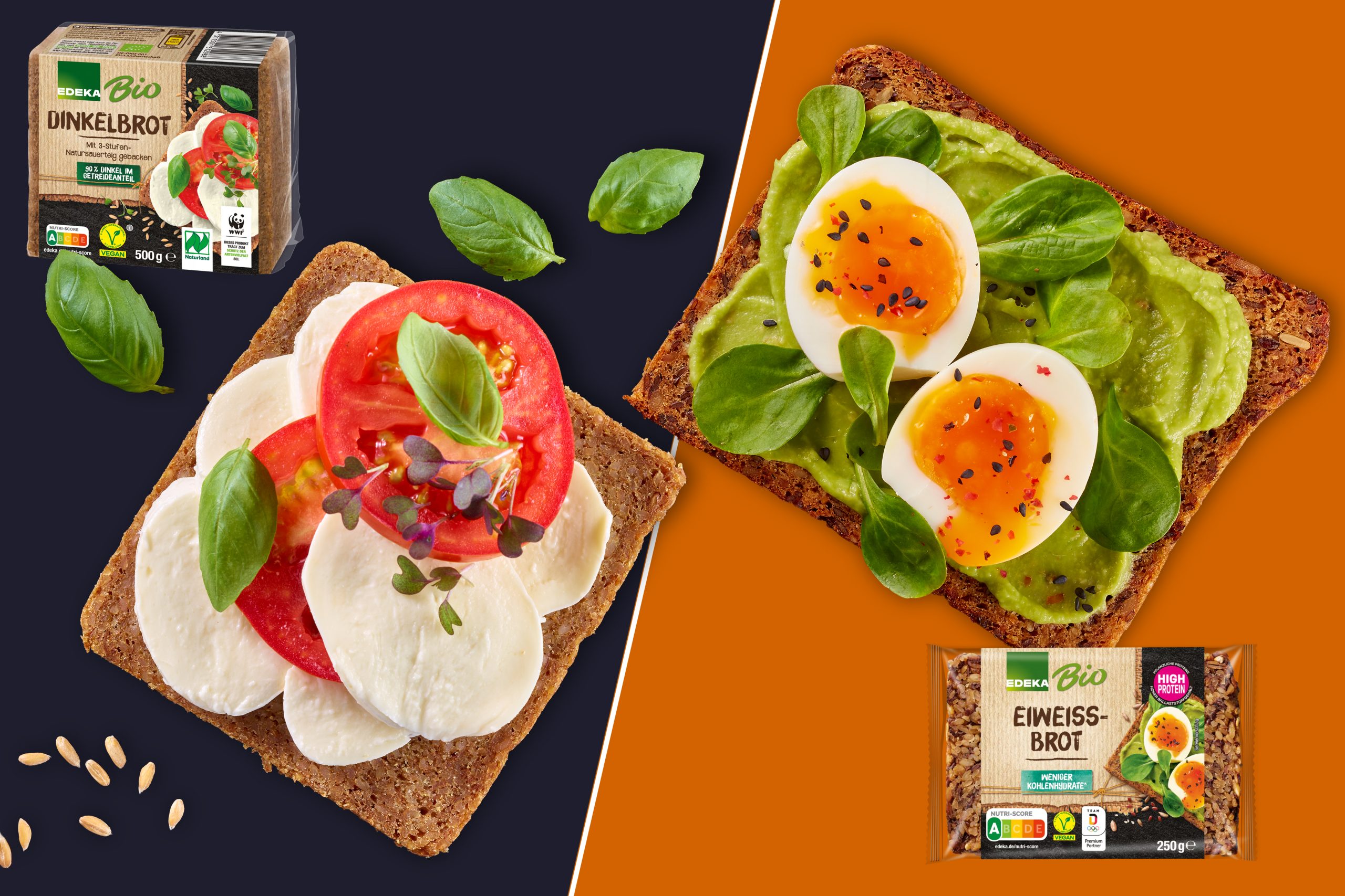 2 Brote nebeneinander mit Belag: links Edeka Bio Dinkelbrot mit Mozzarella- und Tomatenscheiben und Basilikumblättern. Rechts Edeka Bio Eiweissbrot mit Guakamole/ Avocadocreme und gekochtem Ei und Basilikumblättern. Brote von oben fotografiert, daneben jeweils die Verpackung.