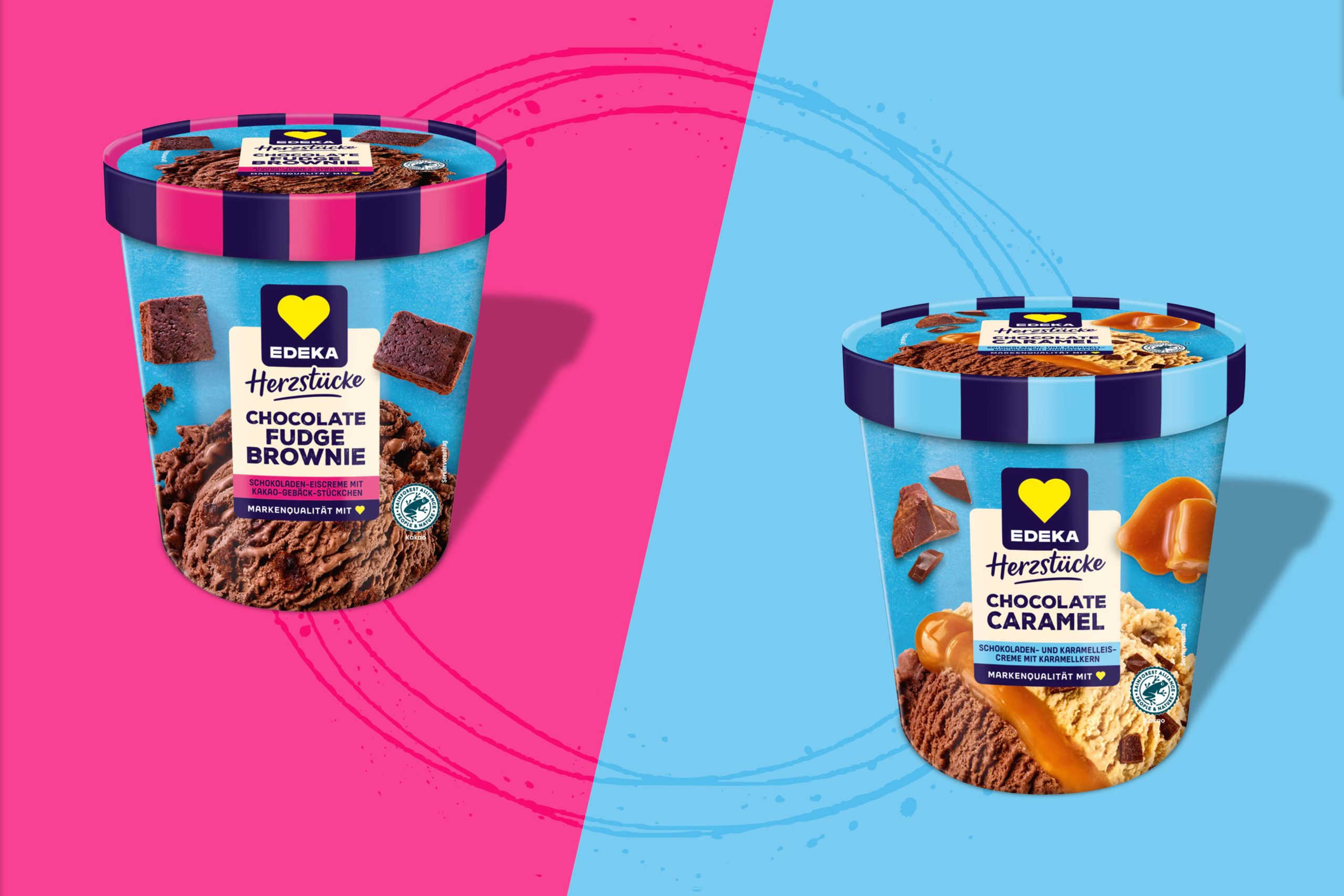 Edeka Herzstücke Verpackungen: Links Chocolate Fudge Brownie auf pinkem Untergrund, rechts Chocolate Caramel auf hellblauem Hintergrund. Diagonal voneinander getrennt.