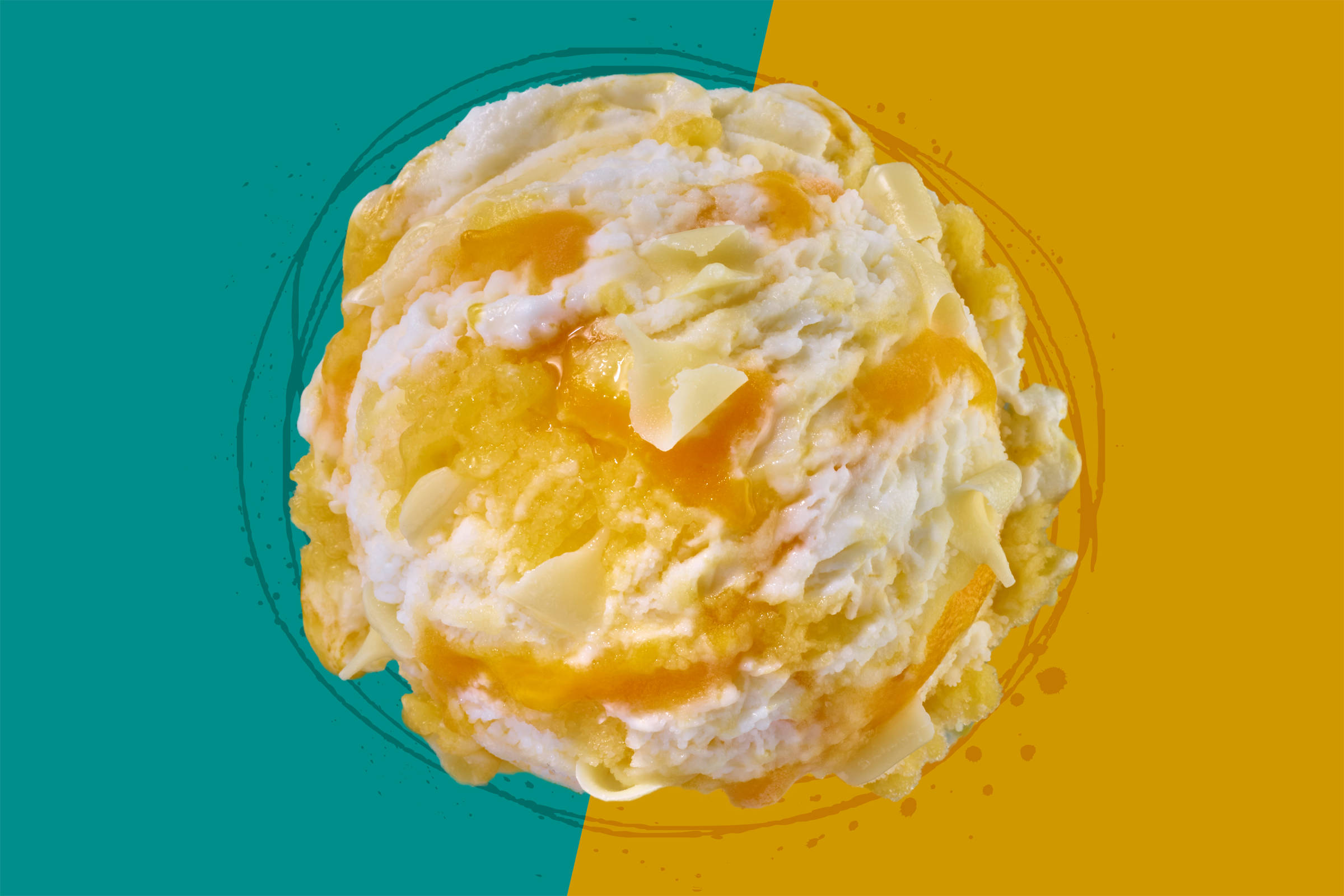Eine Kugel Eis auf farbigem Hintergrund - links petrol, rechts gelb - von einer Diagonalen getrennt. Dekorative, verspielte Kreiszeichnungen verbinden die verschiedenen Farbtöne und nehmen die Farbe der Kugel Eis wieder auf.