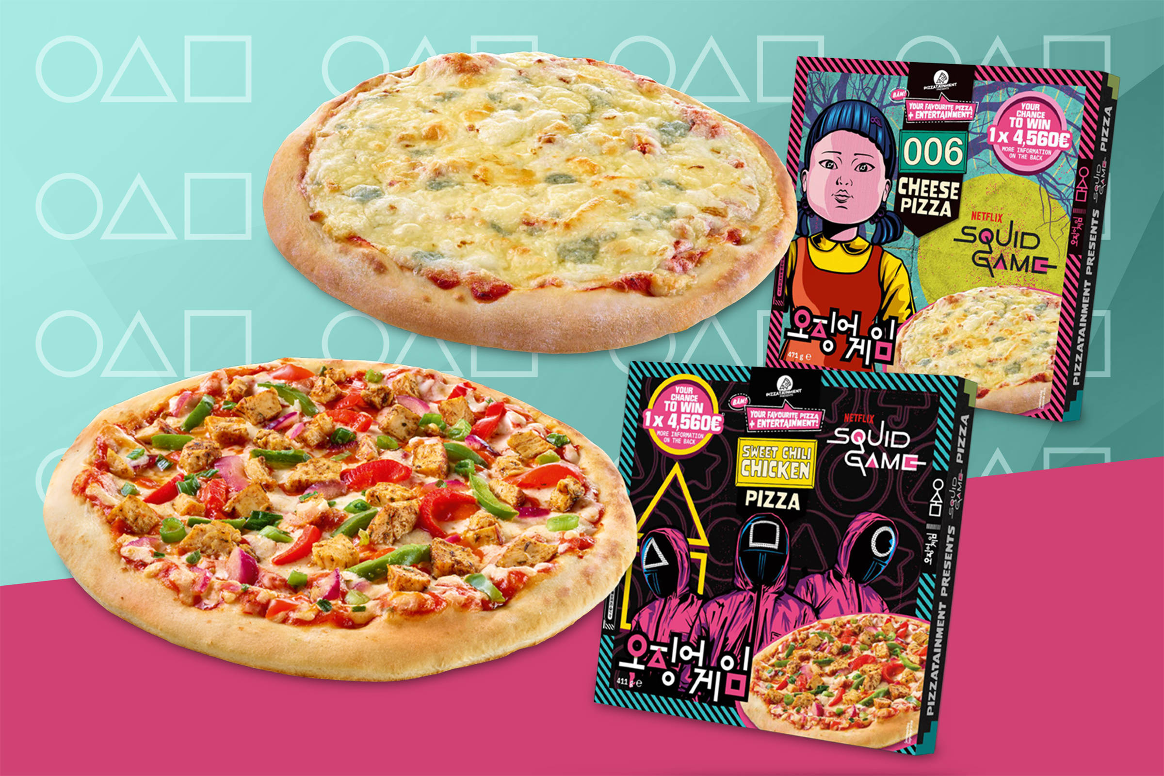 freiberger: 2 Pizza-Verackungen soeiw die ausgepackten Pizza als Freisteller vor zweifarbigem grafischen Hintergrund. Netflix Squid Game: 006 Pizza und Sweet Chili Chicken Pizza.