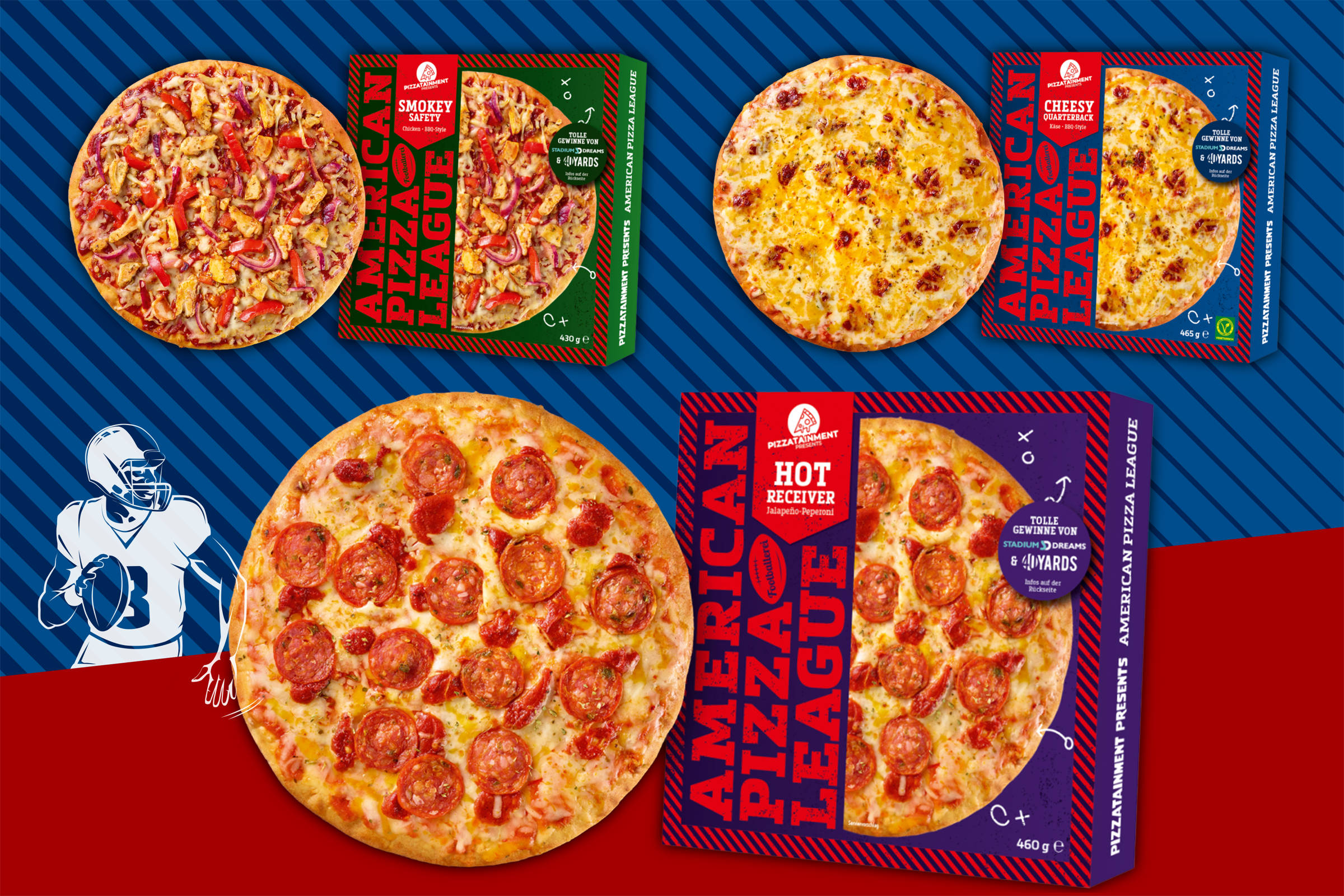 freiberger: 3 Pizza-Verpackungen vor grafischem Hintergrund mit US-Football Motiv. 3x American Pizza League: Smokey Safety, Hot Receiver und Cheesy Charterback.