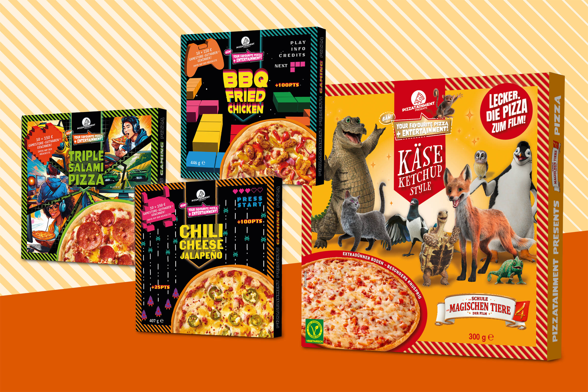freiberger: 4 Pizza-Verpackungen vor grafischem Hintergrund. Triple Salami Pizza, BBQ Fried Chicken, Chili Cheese Jalapeno und Käse Ketchup Style