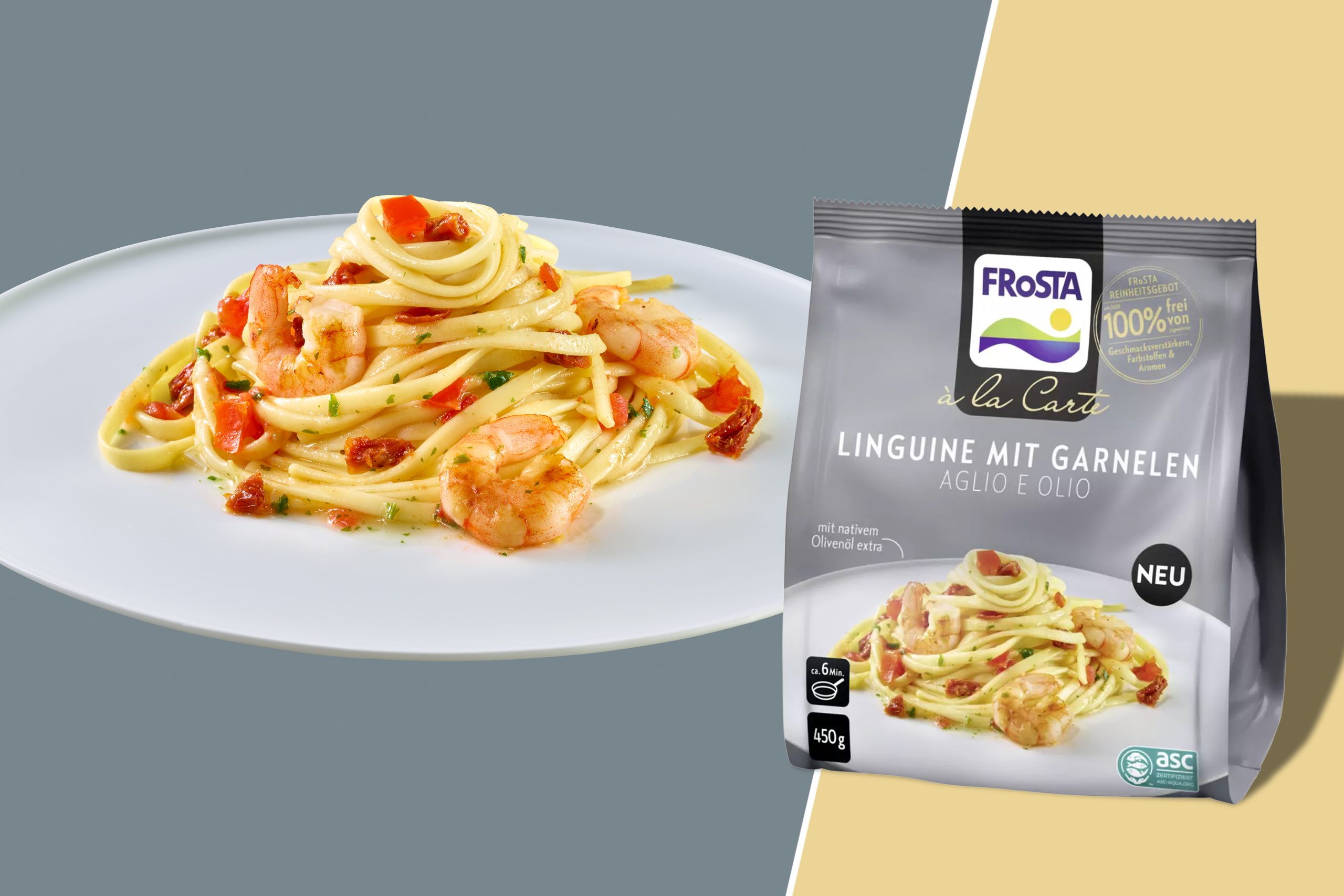 Frosta à la Carte: Linguine mit Garnelen. Ein weißer Teller mit der Pasta und der Sauce vor grauem Hintergrund, daneben die Verpackung.